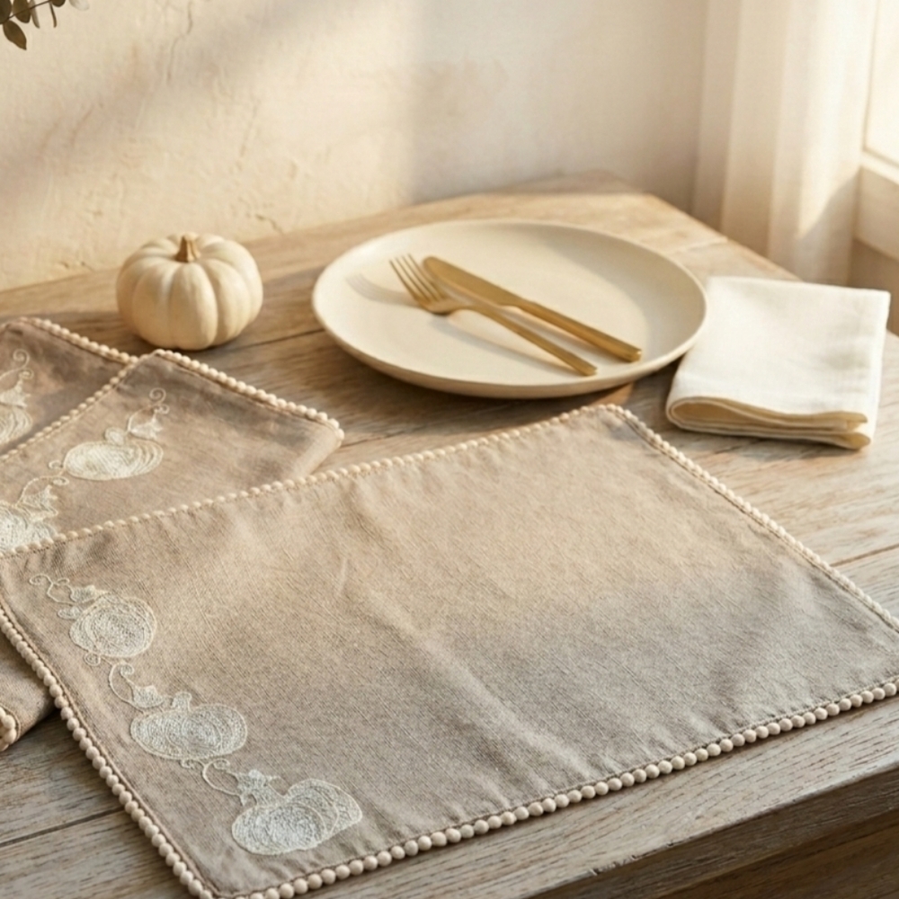 ​Rachel Zoe Tan Linen White Pumpkin Embroidered Pom Pom Placemats Set of 4 18x12